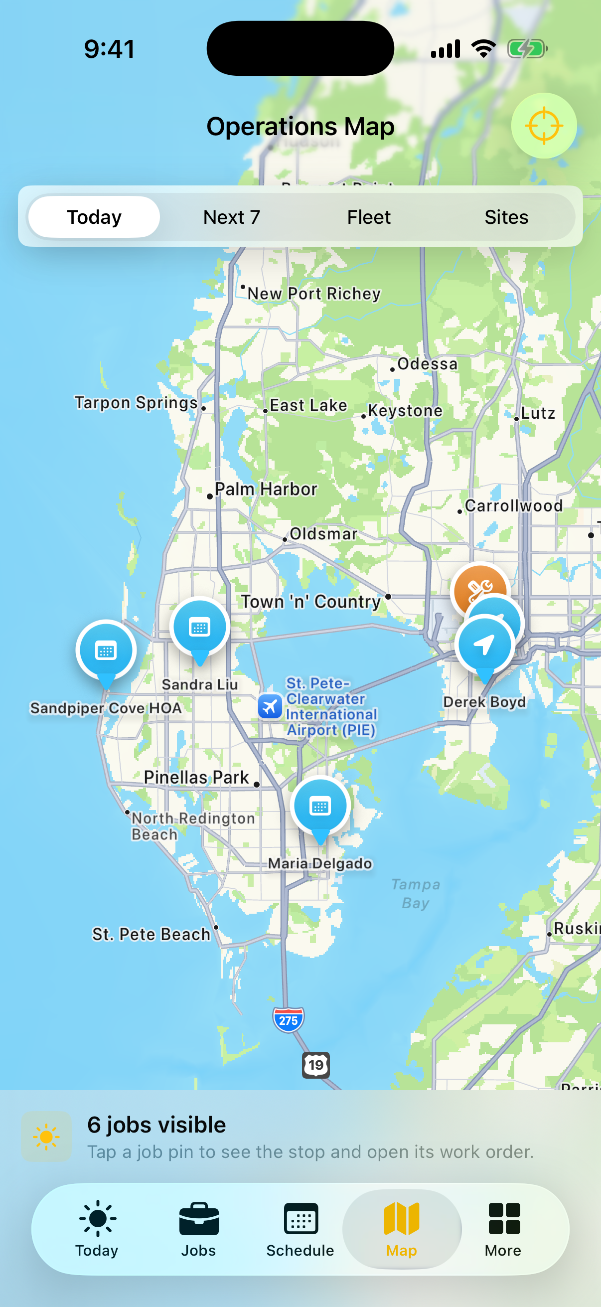 Job Fleet operations map with anchored job markers