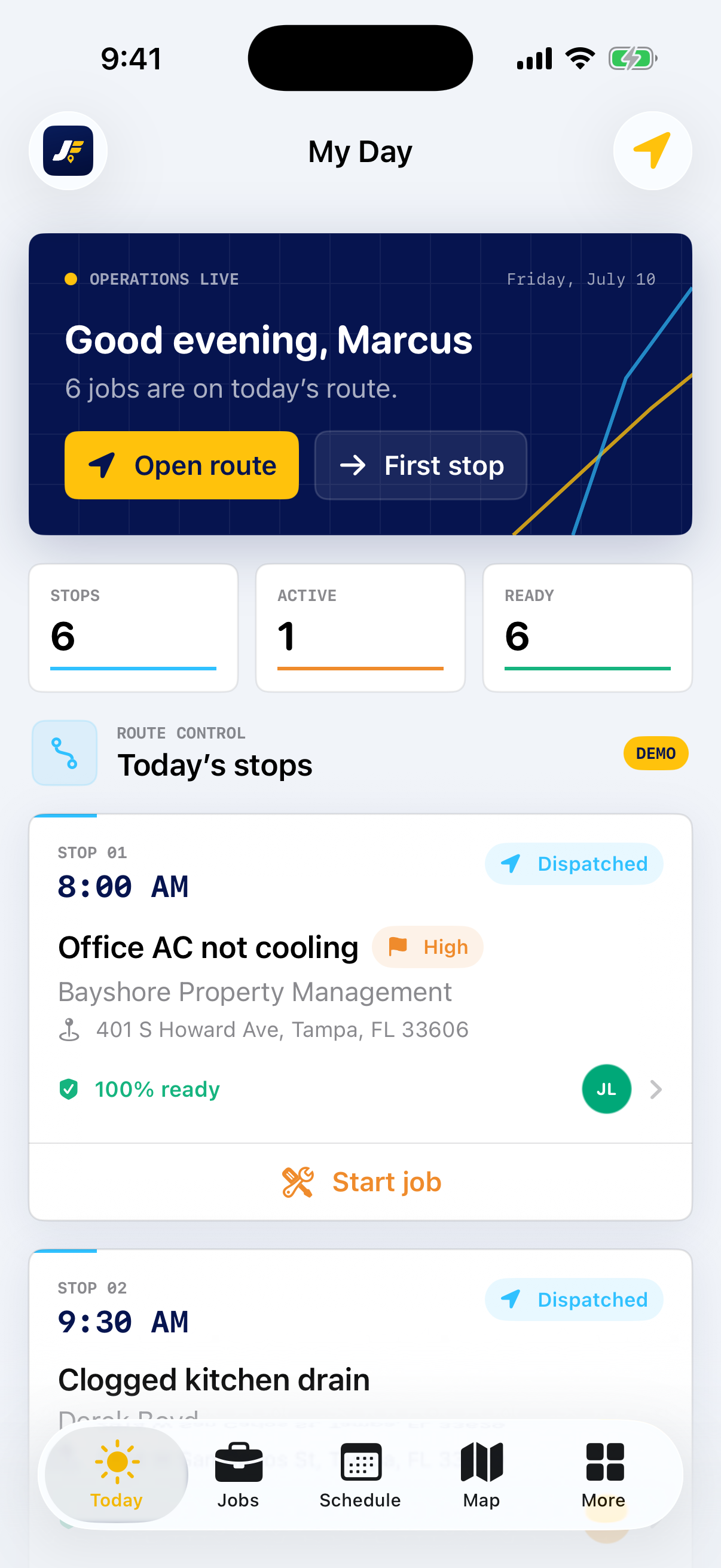 Job Fleet My Day route on iPhone